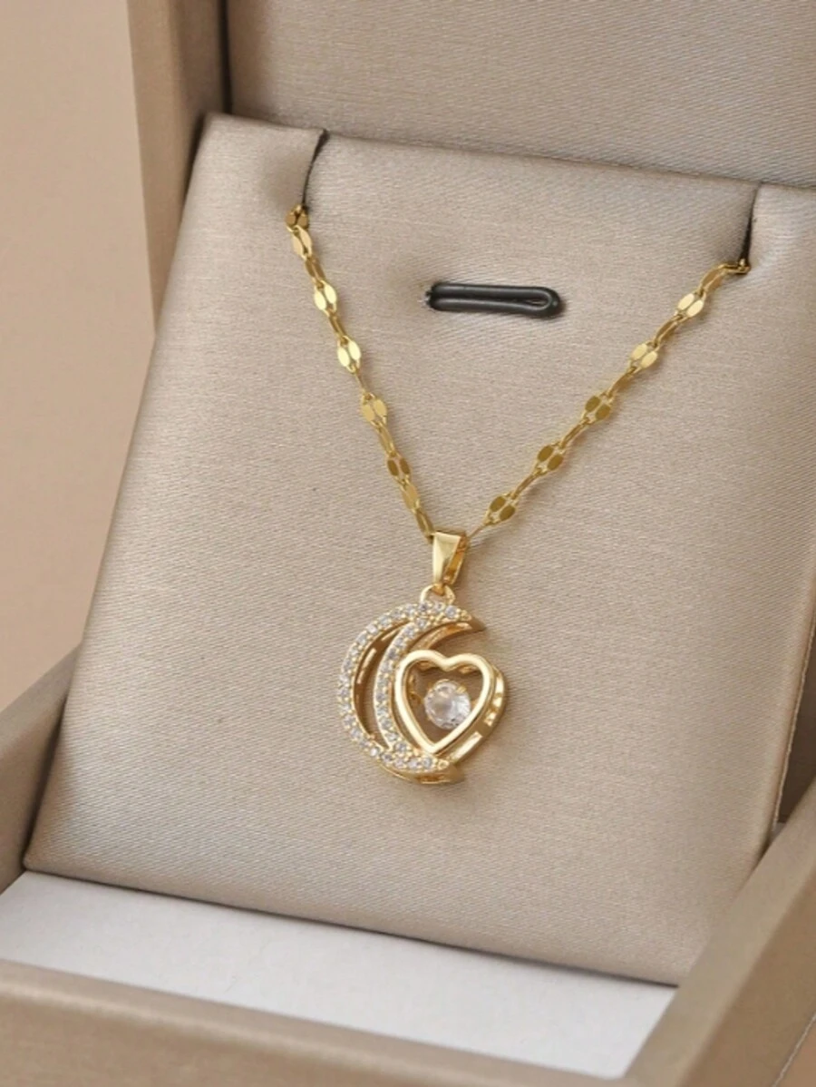 1pc Elegant Luxury Moon & Heart Rhinestone Stainless Steel Necklace For Women