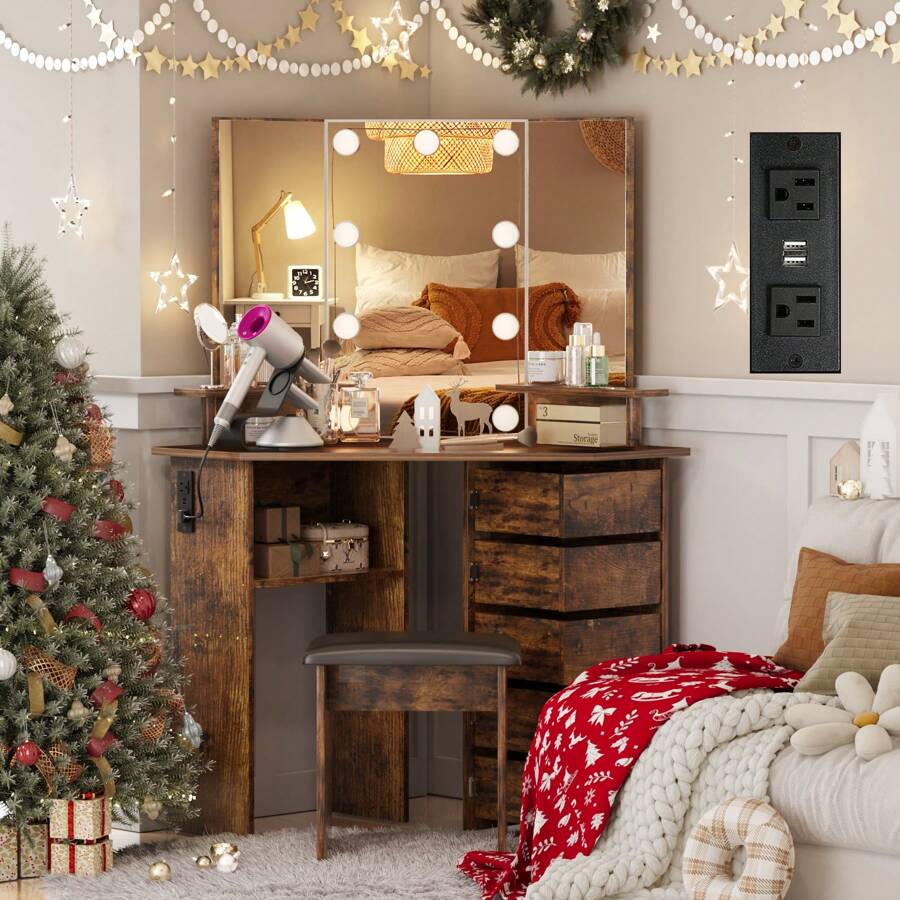 VOWNER Corner Makeup Vanity Desk With Outlet, Vanity Desk With Mirror And Lights, 3 Color & Brightness Adjustable, With 5 Rotating Drawers And Stool, For Girls Women Thanksgiving Christmas Gift - 質樸棕色 - 查看 1