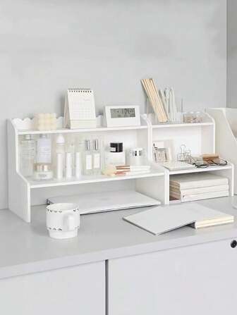 1 pieza Estantería de escritorio de doble capa elevada, organizador de escritorio para cosméticos, papelería y libros para dormitorio u oficina, organizador de encimera para cosméticos, soporte de tocador para lápiz labial, brochas, lociones, joyero, bolsa, soporte para brochas de maquillaje, soporte para brochas, organizador de perfumes, bolsa, regalos para mujeres, regalos de Navidad, ideas de regalo para mujeres