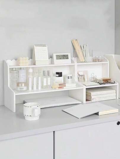 1个双层桌面置物架，适用于宿舍、办公室的台面化妆品文具收纳架，可用于存放化妆品、口红、化妆刷、乳液、首饰盒、化妆包、化妆刷架、香水收纳架等，是送给女性的理想礼物，也是圣诞礼物的绝佳选择。