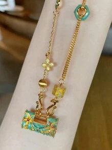 1 件复古宫廷风水滴釉花朵和平锁项链女士情侣周年纪念华丽珠宝礼物派对配饰 - 金黃色 - 查看 1