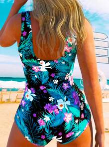 1 pezzo Costume da bagno intero con stampa floreale, schiena scoperta, taglie forti, adatto per vacanze estive in spiaggia - Multicolore - Visualizzare 2