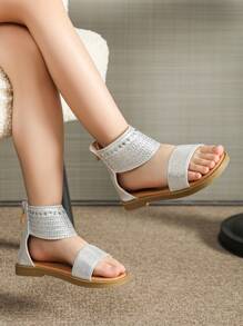 Kids Silver Rhinestone Flat Sandals, Summer Girls Shoes - Silver - View 7