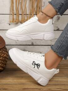 女士白色运动鞋，厚底运动休闲鞋，防滑厚底皮革高帮学生鞋 - 白色 - 查看 2