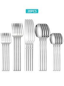 Stainless Steel Tableware Set, 5/20/30pcs Golden/Silver/Black Cutlery Set-Includes Dining Knives, Table Forks, Dining Spoons, Teaspoons And Dessert Forks, Forks For Salad/Appetizers/Dessert, And Mini Spoons For Coffee/Tea/Dessert/Cake/Stirring/Fruit/Ice Cream, Reusable Steak Knife, Soup Spoon, Teaspoon, Main Fork, Mini Forks
