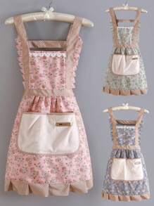 1 pieza Delantal de limpieza con estampado floral country, delantal vintage floral para cocina de mujer para adultos, delantal con volantes de estampado floral, para cocina, baño, decoración del hogar