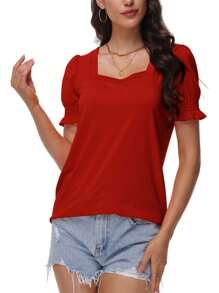 OUTBALL Casual Tops For Women Summer Ruffle Trim Sleeve Square Neck T Shirts - 紅色 - 查看 1