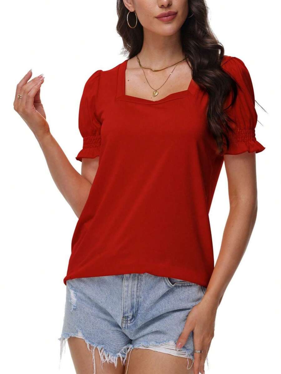 OUTBALL Casual Tops For Women Summer Ruffle Trim Sleeve Square Neck T Shirts - 紅色 - 查看 1