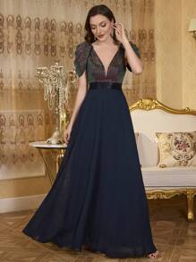 UNITHORSE Deep V-Neck Princess Sleeve Sequin Contrast Chiffon Maxi Party Dress, Elegant Flared Silhouette, Wedding Guest Dress, Formal Dress, Evening Dress,Gown