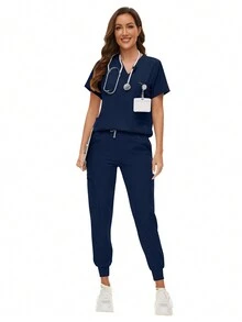 Surgical Uniforms Woman Scrub Set Nurse Beauty Salon Workwear Clinical Scrubs Top Pants Sets Spa Doctor Nursing Clinical Suit - Navy Blue - View 2
