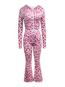 LovelyWholesale Completo da donna con giacca con cappuccio a maniche lunghe con stampa leopardata e zip, e pantaloni a zampa, set di abbigliamento primaverile, estivo, per vacanze