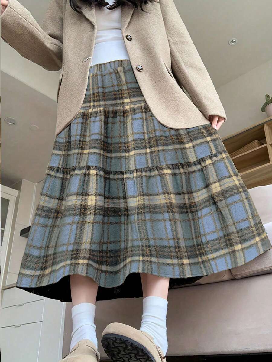 Thickened Winter Casual Plaid Patchwork Ruched Skirt - Blue - View 1