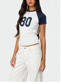 Summer Crop Top Number 80 Fitted Tee Jersey Short Sleeve Y2k Shirt Graphic Baby Tee Women - 藍色 - 查看 2