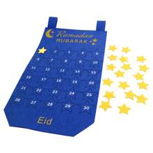 1 Stück Countdown-Kalender Deko Ramadan Mubarak Adventszeit Eid Mubarak wiederverwendbar Filz Wandhänger Heimdekoration (Blau/Lila)