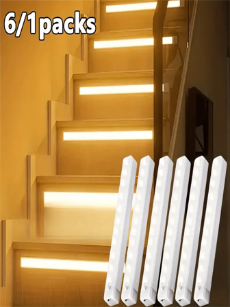 1pc/6pcs Motion Sensor LED Light, USB Rechargeable Magnetic Night Light, Suitable For Cabinet, Staircase, Bedside, Corridor, Kitchen, And Under Cabinet Lighting,White Warm Light Tricolor Light(10cm20cm30cm Is 200mAh/50cm Is 350mAh)