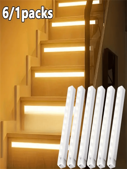 1pc/6pcs Motion Sensor LED Light, USB Rechargeable Magnetic Night Light, Suitable For Cabinet, Staircase, Bedside, Corridor, Kitchen, And Under Cabinet Lighting,White Warm Light Tricolor Light(10cm20cm30cm Is 200mAh/50cm Is 350mAh)