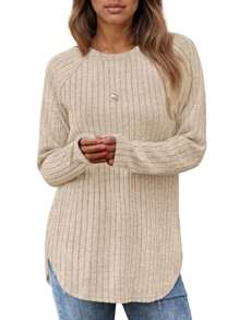 tooluck Women's Round Neck Raglan Long Sleeve Top Solid Color - 杏色 - 查看 1