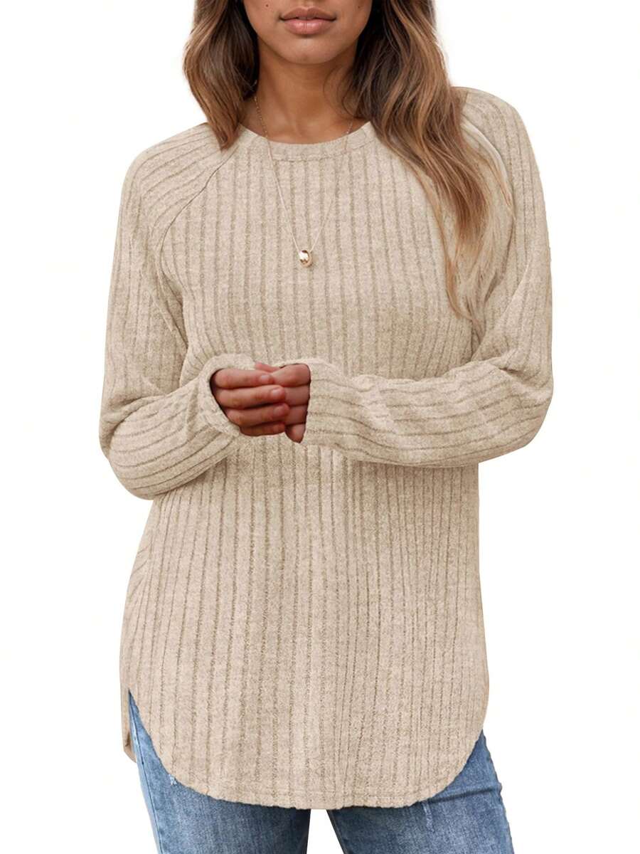 tooluck Women's Round Neck Raglan Long Sleeve Top Solid Color - 杏色 - 查看 1