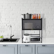 Storage Rack - 64*38*78.5cm - Large Black, Kitchen Countertop Storage Rack, Carbon Steel Multi-Layer With Cabinet Doors, Closed Microwave Oven Storage Rack - Black - View 8