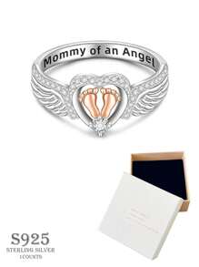 925 Sterling Silver Promise Ring, Angel Wing Design With Heart & Footprint Decor, Fashionable Jewelry For Women, Versatile Accessory, Exquisite Gift For Mom On Birthday, Anniversary, - Silver - View 24