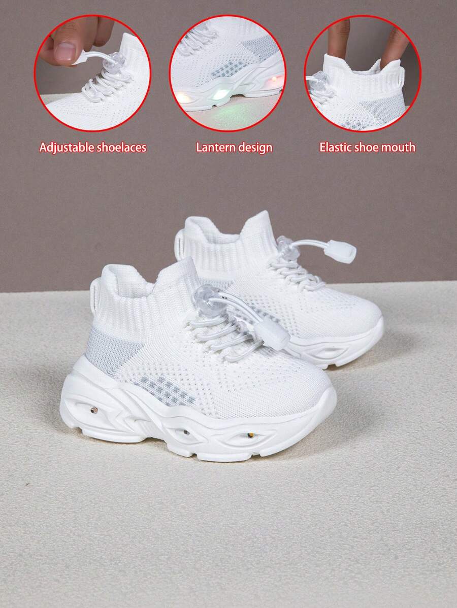 儿童休闲运动鞋，鞋底发光，轻便，鞋带可调节，脚踝灵活，透气，适合日常穿着 - 白色 - 查看 1