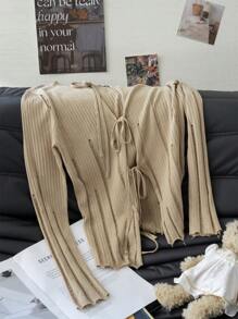 Women's Openwork Distressed Lace-Up Knitted Cover Up, Lightweight Spring/Summer Outerwear - Khaki - View 2