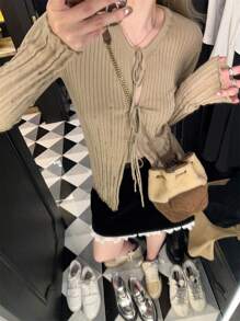 Women's Openwork Distressed Lace-Up Knitted Cover Up, Lightweight Spring/Summer Outerwear - Khaki - View 7