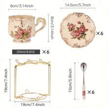 2set/6set Tea Cup And Saucer Set, 8 Oz Tea Cup Set, Teacup, Ceramic Tea Cup With Suacer Spoon, Ivory Vintage Rose Floral With Gold Leaves Trim, Gifts For Women Back To School