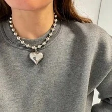 1 件 8 毫米不锈钢串珠链项链，带大心形吊坠，女士时尚珠宝 - 銀色 - 查看 2