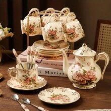 2set/6set Tea Cup And Saucer Set, 8 Oz Tea Cup Set, Teacup, Ceramic Tea Cup With Suacer Spoon, Ivory Vintage Rose Floral With Gold Leaves Trim, Gifts For Women Back To School