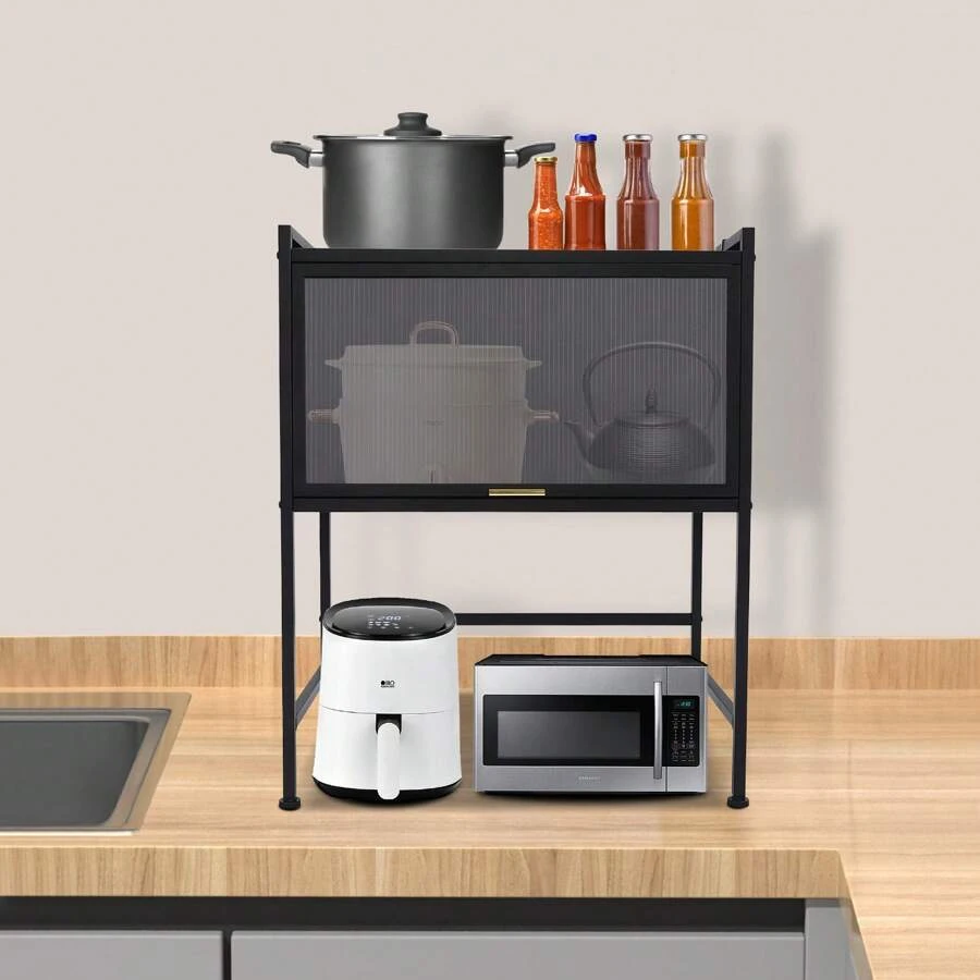 Storage Rack - 64*38*78.5cm - Large Black, Kitchen Countertop Storage Rack, Carbon Steel Multi-Layer With Cabinet Doors, Closed Microwave Oven Storage Rack - Black - View 1