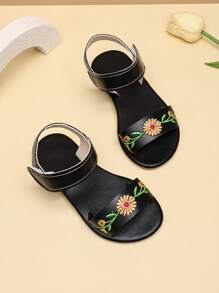1 Pair Of Large Size Flat Sandals For Girls, Embroidered Print, Round Toe, Cute Roman Style, Suitable For Girls 3-16 Years Old, Casual, Holiday, Summer - Black - View 3