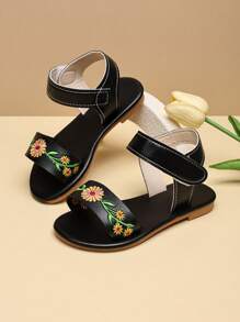 1 Pair Of Large Size Flat Sandals For Girls, Embroidered Print, Round Toe, Cute Roman Style, Suitable For Girls 3-16 Years Old, Casual, Holiday, Summer - Black - View 2