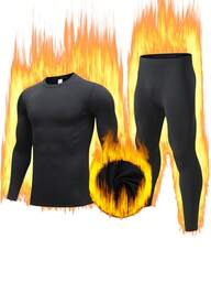 Men's Black Thermal Underwear Round Neck Fleece Set Fitted Comfortable Winter Cold Insulation Warm Outdoor Skiing Home Elastic Fabric Autumn And Winter Gifts