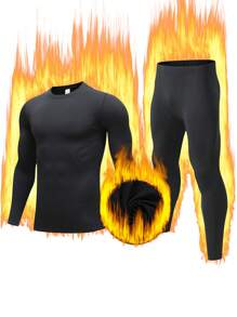 男士黑色保暖内衣圆领抓绒套装，修身舒适，冬季防寒保暖，户外滑雪居家皆宜，弹性面料，秋冬礼物之选