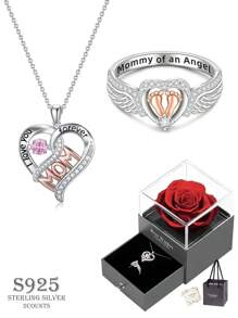 925 Sterling Silver Promise Ring, Angel Wing Design With Heart & Footprint Decor, Fashionable Jewelry For Women, Versatile Accessory, Exquisite Gift For Mom On Birthday, Anniversary, - Silver - View 14