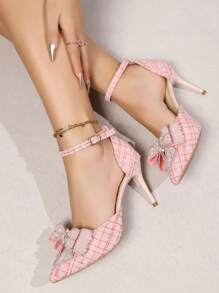 2025秋冬/2024春夏新款尖头高跟鞋，镶钻蝴蝶结透明仙女踝带法式凉鞋，优雅派对装扮 - 粉色 - 查看 7