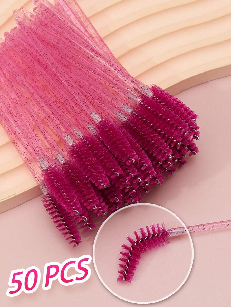 50pcs/Set Rose Red Mascara Disposable Micro Eyelash Comb Brush Set, Eyelash Extension Brush, Mascara Applicator Wands, Eyebrow Brush - Hot Pink - View 1