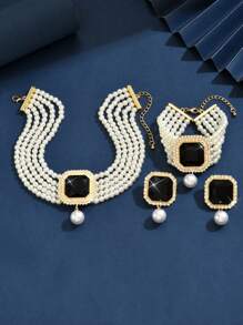 4pcs Set Luxury Exaggerated Pearl, Rhinestone, Crystal Necklace, Earrings, Bracelet Jewelry Set, Suitable For Women Wedding, Party, Holiday Gift