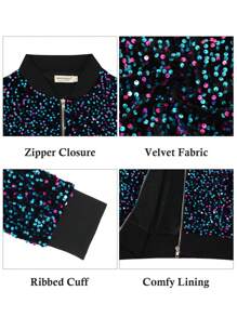 Women's Sparkly Sequin Jacket Glitter Long Sleeves Front Zip Up Bomber Jacket With Ribbed Cuffs - Neon - View 5