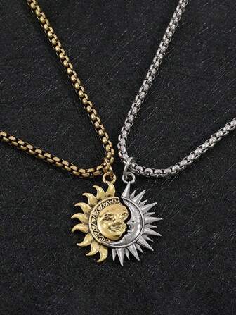 2 pezzi Collana di coppia asimmetrica con sole e luna, collana in acciaio al titanio - gioielli semplici personalizzati, regalo raffinato per San Valentino