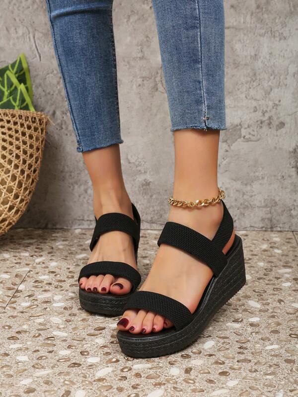 Women's Strap High Heel Platform Sandals, Fashion Casual Wedge Roman Shoes, Black Elastic Strap