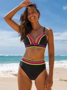popvil Rainbow Ribbon Tie Black Bikini Set, Summer Beach Vacation