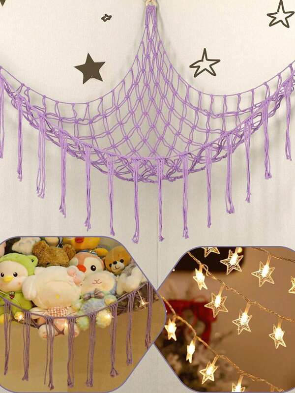 1 Pieza - Hamaca de macramé para juguetes, soporte de red colgante para esquina de almacenamiento de animales de peluche, organizador de hamaca de malla para juguetes con ganchos para dormitorio, red de almacenamiento de animales de peluche, red de hamaca para animales de peluche para esquina, organizador colgante de animales de peluche de gran tamaño para decoración de habitación, red o hamaca de animales de peluche de estilo bohemio grande, juguete de primavera, almacenamiento de enanos, goblins, red de hamaca de decoración del hogar, estilo INS (Morado)