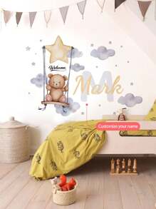 1pc Customizable Your Name Swinging Bear With Stars Wall Sticker, Removable For Bedroom, Living Room, Kids Room Decor,Multi-Functional, ,Ornamental,Reusable,Exquisite,Stylish,High-Quality,Colorful,Modern,Custom,Personalized,Unique,Ideal Gifts For Him,Ideal Gifts For Her,Boyfriend,Dad,Girlfriend,Mom,Family,Friends,Tea Room,Home,Garden,Office,For Anniversaries,For Valentine's Day,For Mother's Day,For Birthdays,For Father's Day,For Graduation,For Weddings,For Housewarming,Home Refresh