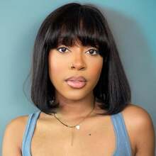 Bangs Human Hair 180 Density 2x1 Straight Short Bob Wig Human Hair Glueless Realistic Look HD Lace Human Hair Bang Bob Wig - Natural Black - View 1