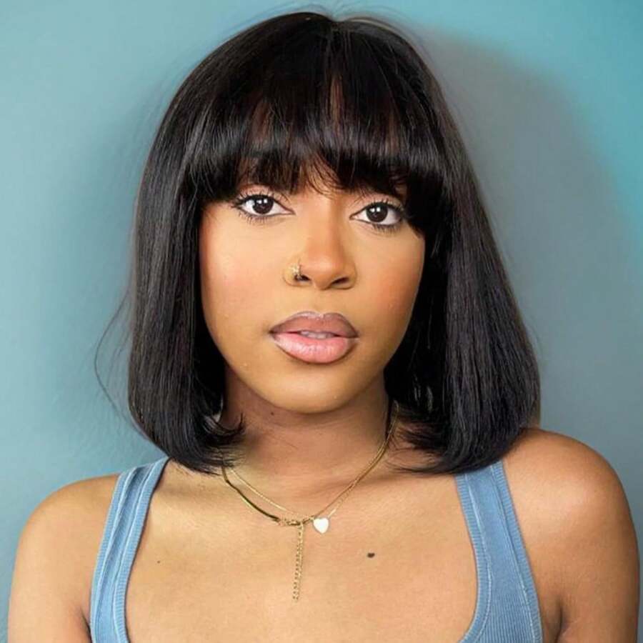 Bangs Human Hair 180 Density 2x1 Straight Short Bob Wig Human Hair Glueless Realistic Look HD Lace Human Hair Bang Bob Wig - Natural Black - View 1