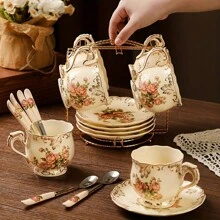 2set/6set Tea Cup And Saucer Set, 8 Oz Tea Cup Set, Teacup, Ceramic Tea Cup With Suacer Spoon, Ivory Vintage Rose Floral With Gold Leaves Trim, Gifts For Women Back To School