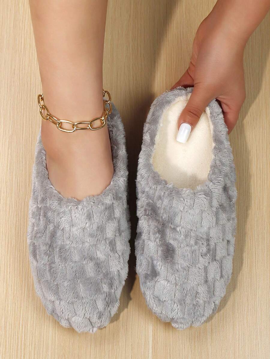 女士时尚格子蓬松仿毛家居拖鞋、室内地板袜、冬季保暖轻便卧室拖鞋 - 灰色 - 查看 1