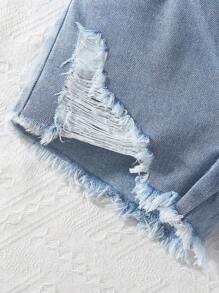Tween-Mädchen 1 Stück Distressed Denim Jeans Personalisierte Streetwear Lässig Hellwaschung Blau Fransen Kurze Zerrissene Jeans, Frühling/Sommer